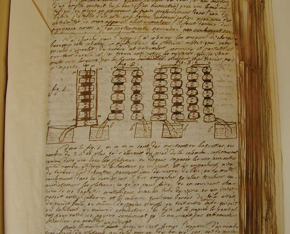 Une partie de la lettre de Volta (1800) à Joseph Banks décrivant et illustrant sa pile