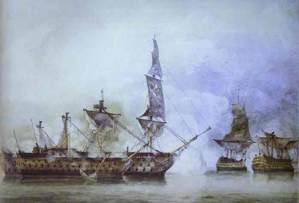 le Victory à la bataille de Trafalgar, entouré de deux Man'o'War français.