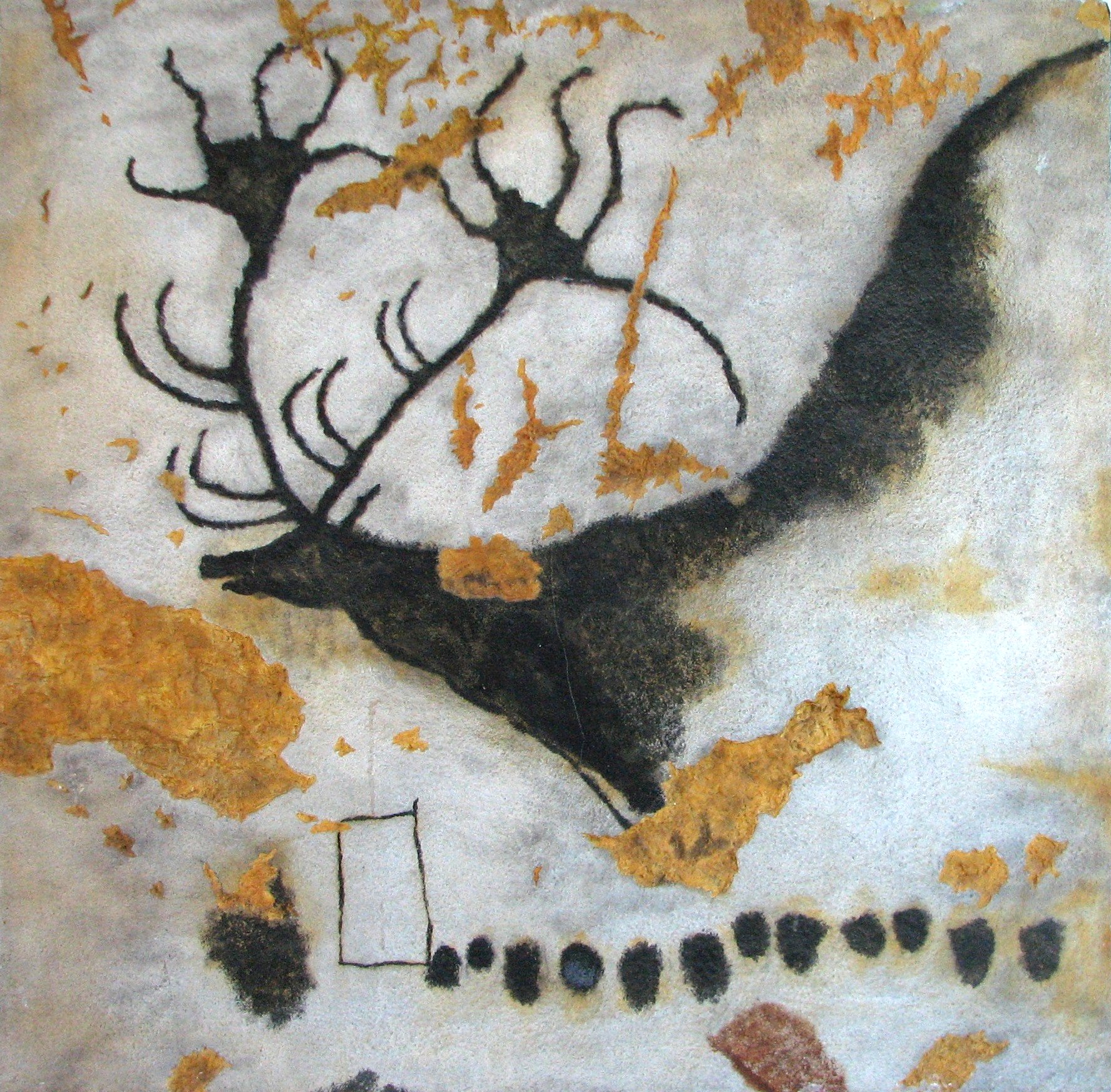 Parmi les espèces animales préhistoriques disparues dont nous gardons traces en art rupestre, vous trouverez le mégalocéros ou mégacéros dont voici une représentation sur les parois de la grotte de Lascaux