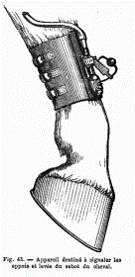 Figure 43. Appareil destiné à signaler les appuis et levées du sabot du cheval. Extrait de Marey, EJ (1873) La Machine Animale. Locomotion terrestre et aérienne