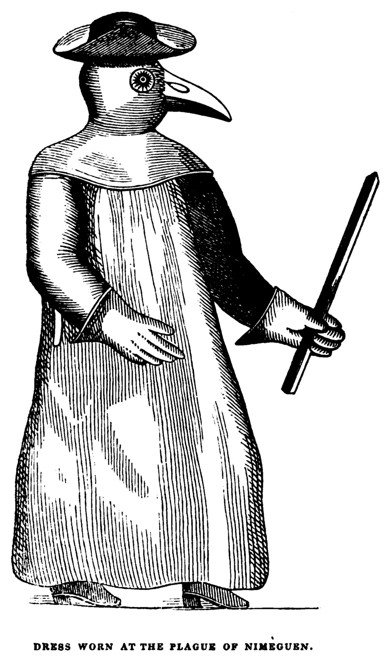 Frontispice du Traité de la peste de Jean-Jacques Manget reproduit en 1841 : médecin visiteur des pestiférés en costume préservateur.